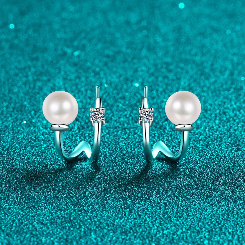 S925 Sterling Silver U-Shape Stud Earrings for Women with Moissanite and Freshwater Pearl, Wholesale Ear Jewelry