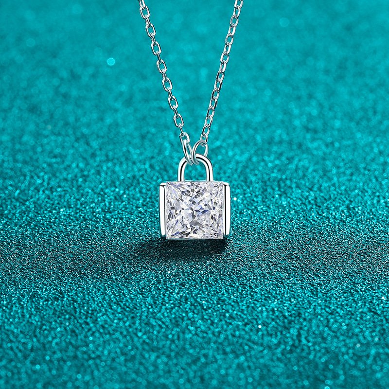 S925 Sterling Silver Moissanite Necklace for Women, Small Square Pendant, Simple Sugar Cube Design