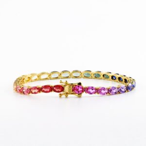 Cultured Pink Sapphire Gradient Rainbow 4x6mm Tennis Bracelet in Sterling Silver