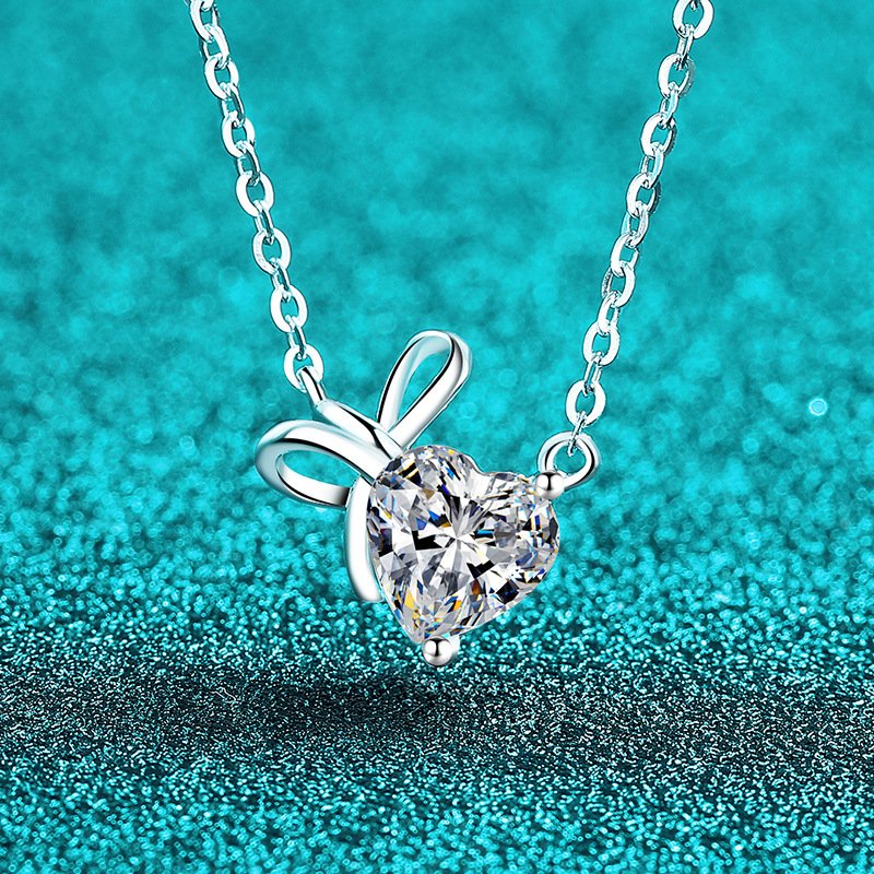S925 Sterling Silver Moissanite Necklace for Women, Heart Bowknot Rabbit Ear Pendant, Sweet and Fresh Style