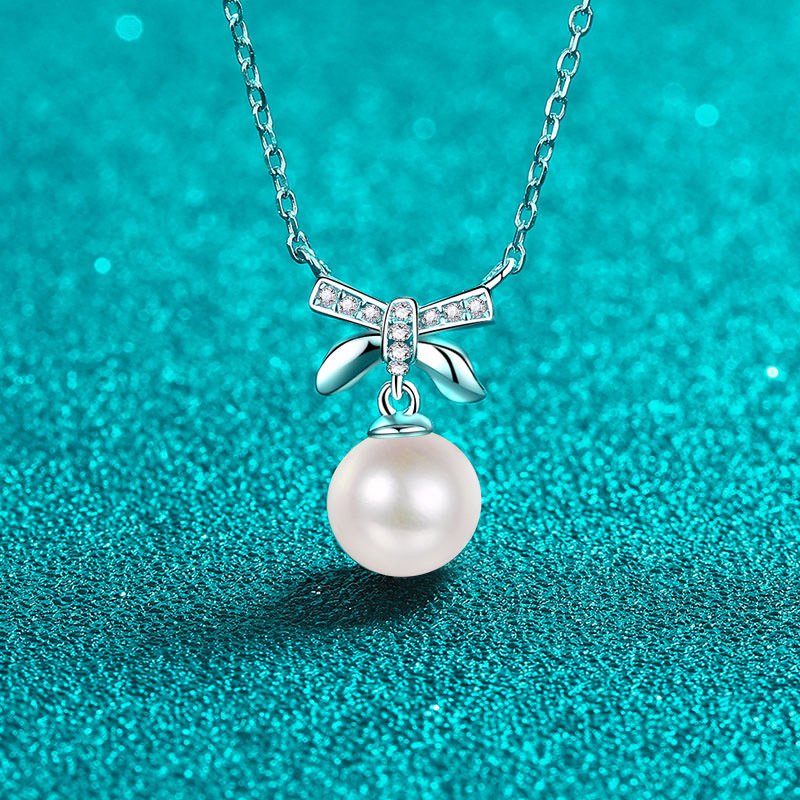 S925 Silver Moissanite Pearl Necklace Butterfly Bow Sweet Pendant Cute Girl