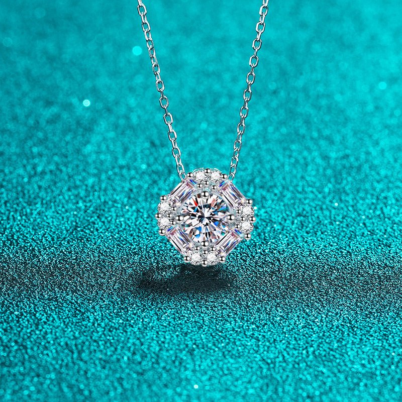 S925 Sterling Silver Necklace for Women, Square Moissanite Pendant Collarbone Chain, Factory Wholesale