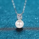 925 Sterling Silver Collarbone Necklace for Women, 8mm Flawless Freshwater Pearl and 0.5ct Moissanite