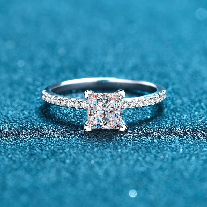 S925 Silver Ring for Women with Micro-Setting, Irregular Four-Prong, 1 Carat Princess Cut Moissanite