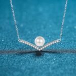 S925 Sterling Silver V-Shape Necklace with 8mm Freshwater Pearl and Moissanite for Women