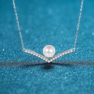 S925 Sterling Silver V-Shape Necklace with 8mm Freshwater Pearl and Moissanite for Women