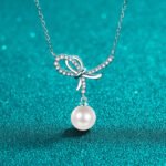 Moissanite S925 Silver Pearl Necklace for Women, Bow Pendant, Sweet and Cute Girl Clavicle Chain, Minimalist