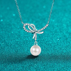 Moissanite S925 Silver Pearl Necklace for Women, Bow Pendant, Sweet and Cute Girl Clavicle Chain, Minimalist