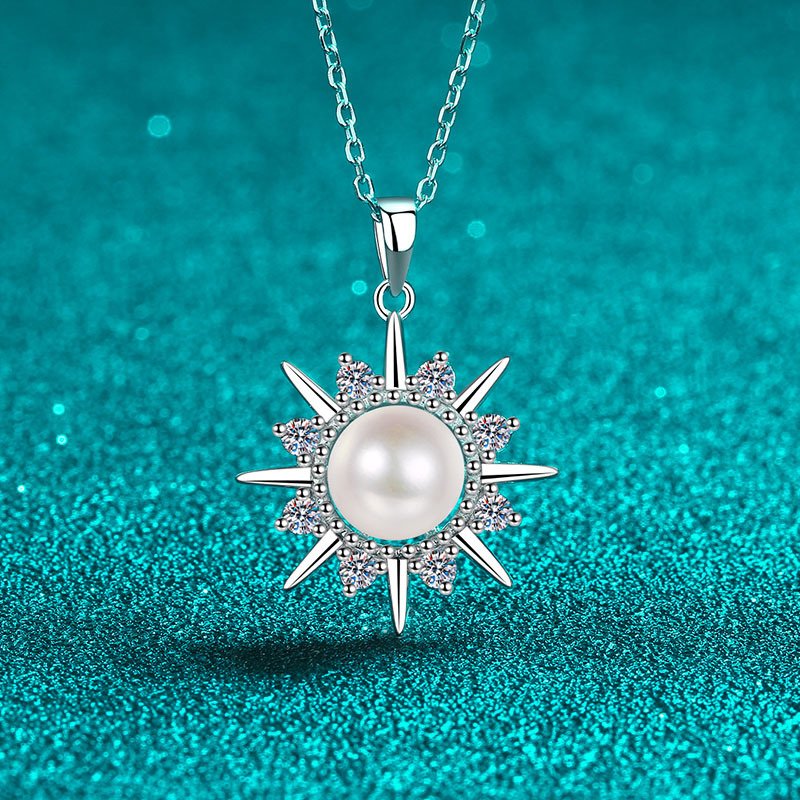 S925 Sterling Silver Necklace for Women with Natural Freshwater Pearl and Moissanite Sunflower Pendant