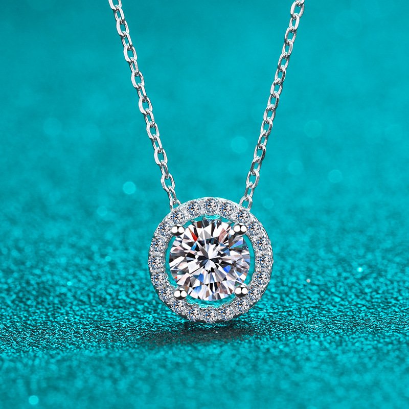 925 Sterling Silver Moissanite Necklace for Women Round Bezel Pendant Minimalist Korean Style Live Hot Sale Factory Direct