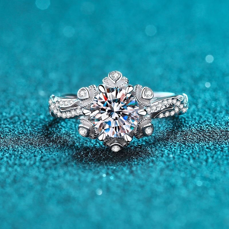 S925 Silver Ring for Women 1 Carat Moissanite Ring Korean Style Flower