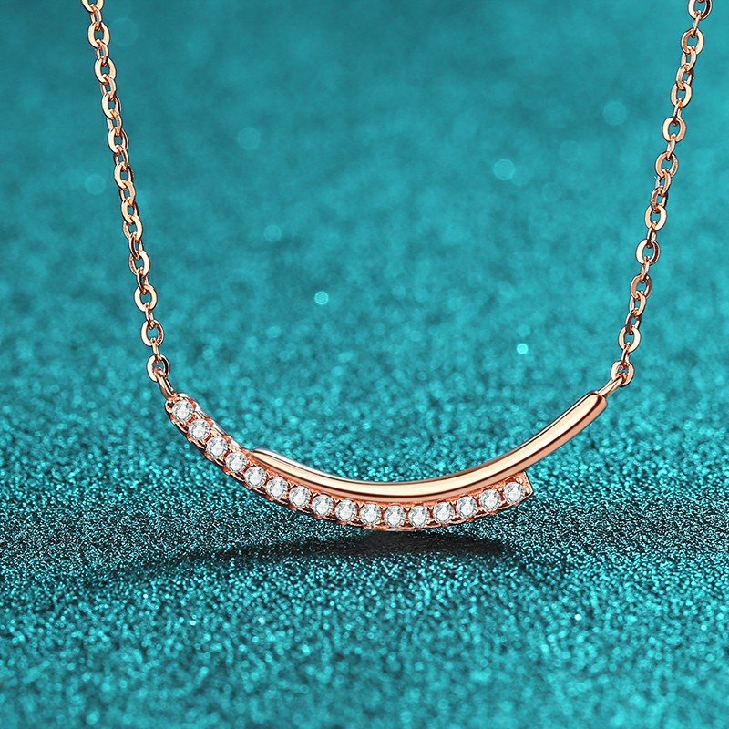 S925 Sterling Silver Moissanite Champagne Gold Necklace for Women, Smile Row Diamond Line Chain, Minimalist High-End Cool Tone