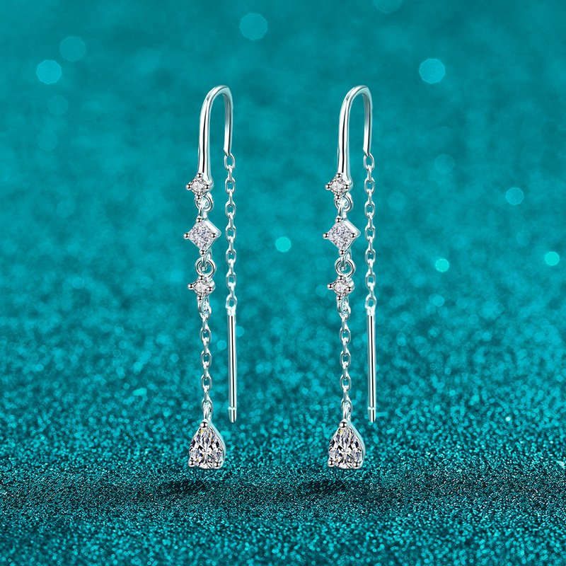 S925 Sterling Silver Moissanite Stud Earrings for Women, Waterdrop Long Tassel Dangle Earrings, Vintage High-End Fashion