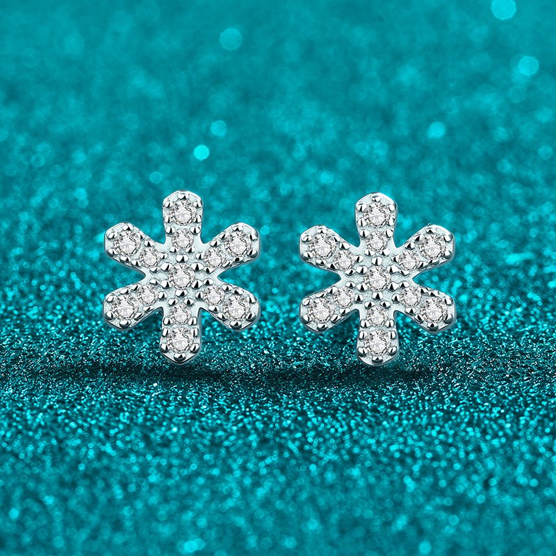 S925 Sterling Silver Full Moissanite Stud Earrings for Women, Snowflake and Floral Design, Fresh Sweet and Cute, Delicate for Daily Wear