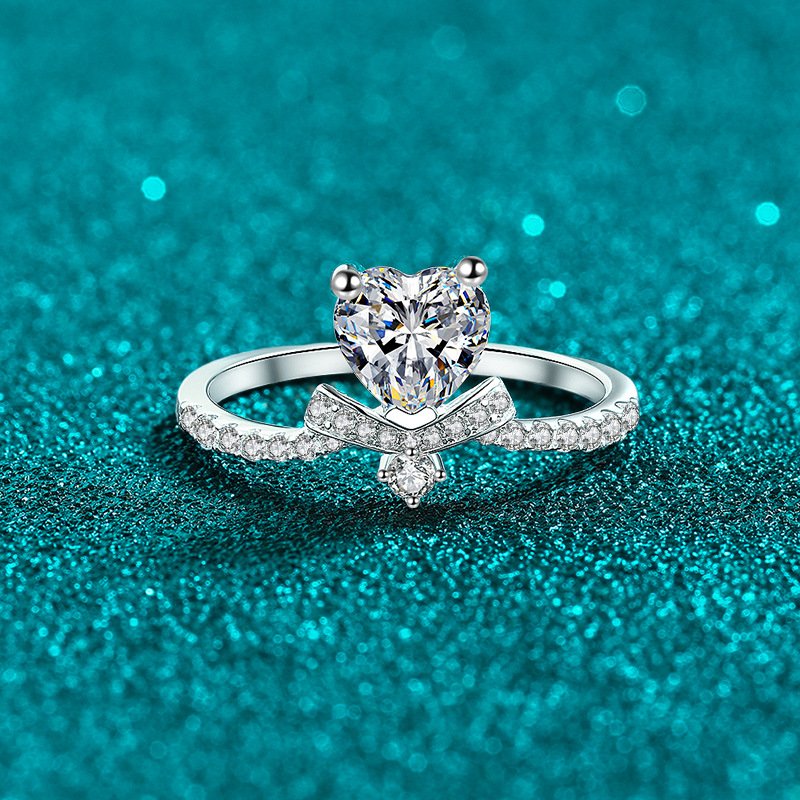 S925 Sterling Silver Moissanite Heart Scepter Ring for Women, Sweet and Elegant