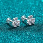S925 Sterling Silver Moissanite Stud Earrings for Women, Clover Screw Back, Elegant and Minimalist