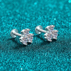 S925 Sterling Silver Moissanite Stud Earrings for Women, Clover Screw Back, Elegant and Minimalist
