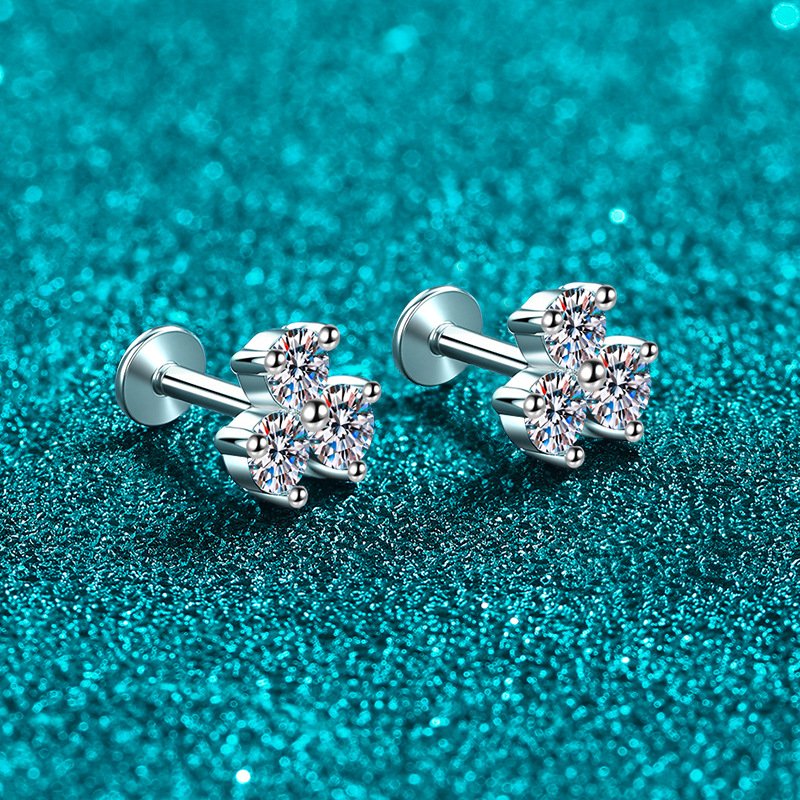 S925 Sterling Silver Moissanite Stud Earrings for Women, Clover Screw Back, Elegant and Minimalist