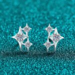 S925 Sterling Silver Full Moissanite Star Stud Earrings for Women, Four-Pointed Star, Delicate Cute Minimalist Daily Wear