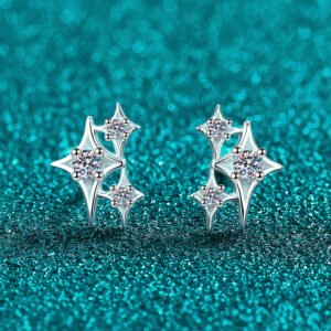 S925 Sterling Silver Full Moissanite Star Stud Earrings for Women, Four-Pointed Star, Delicate Cute Minimalist Daily Wear
