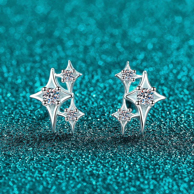 S925 Sterling Silver Full Moissanite Star Stud Earrings for Women, Four-Pointed Star, Delicate Cute Minimalist Daily Wear