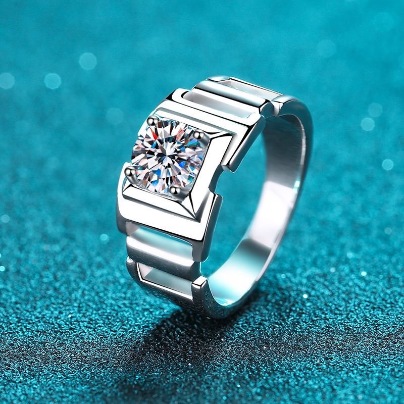 S925 Silver Men's Ring Simple 1 Carat Moissanite Ring European and American Style