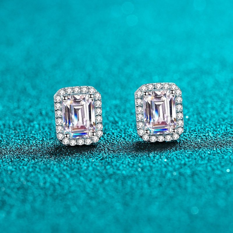 S925 Sterling Silver Earrings for Women with Radiant Emerald Cut Moissanite Geometric Studs Factory Direct