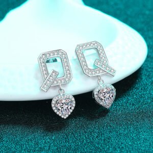 S925 Sterling Silver Q Letter Earrings for Women with Moissanite Heart Shape