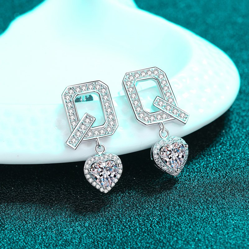 S925 Sterling Silver Q Letter Earrings for Women with Moissanite Heart Shape