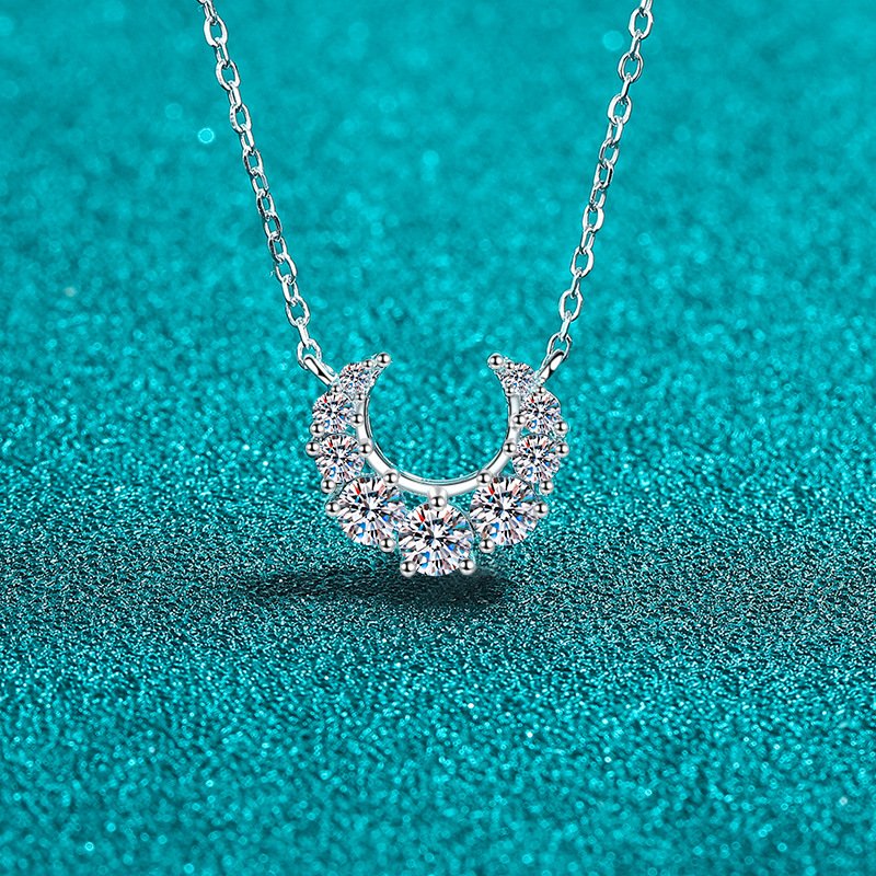 S925 Sterling Silver Moissanite Necklace for Women, Crescent Smile Diamond Pendant, Delicate Sweet High-End