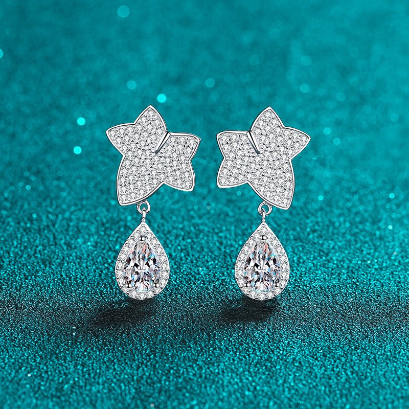 S925 Silver Earrings for Women Maple Leaf Drop Moissanite Stud Earrings Factory Direct Wholesale