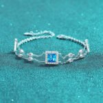 S925 Sterling Silver Hand-Set Moissanite Bracelet, Sapphire Blue Color Stone, Square Double Chain, New Style