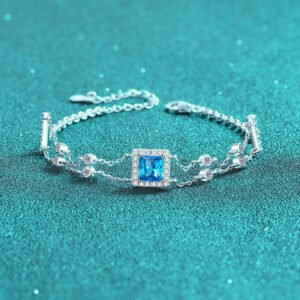 S925 Sterling Silver Hand-Set Moissanite Bracelet, Sapphire Blue Color Stone, Square Double Chain, New Style