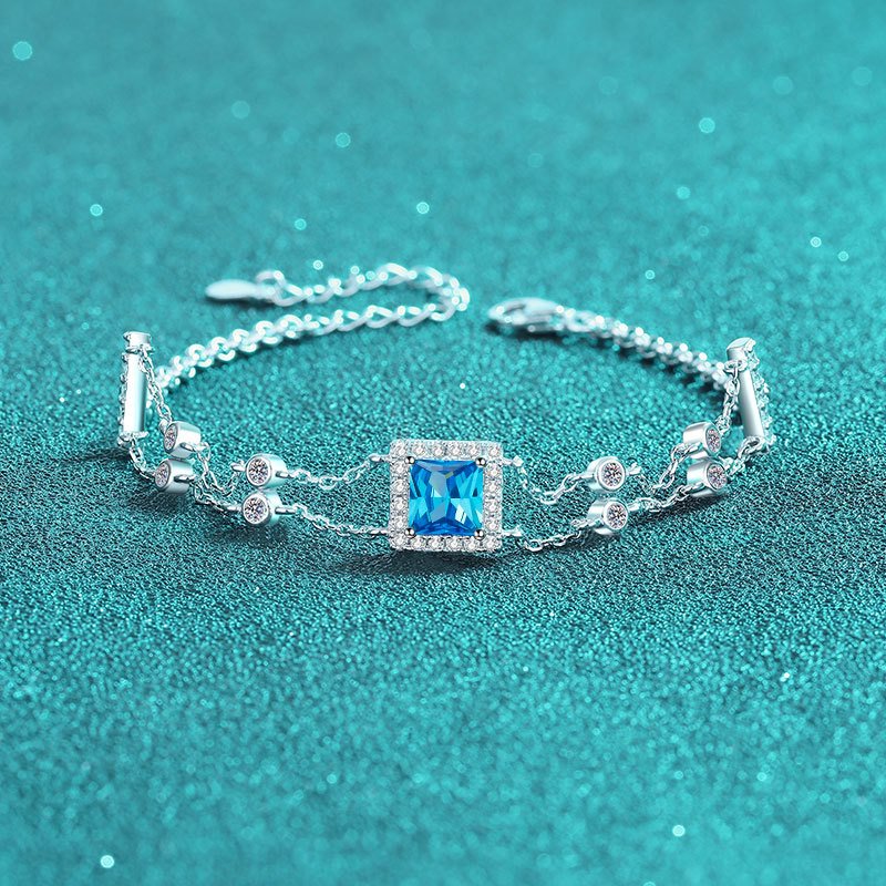 S925 Sterling Silver Hand-Set Moissanite Bracelet, Sapphire Blue Color Stone, Square Double Chain, New Style