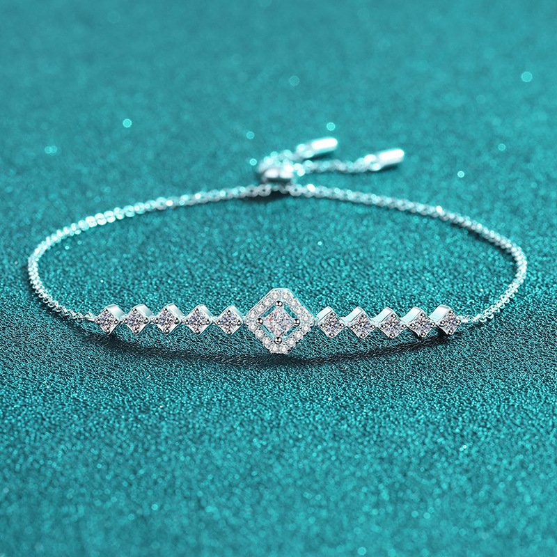 S925 Sterling Silver Moissanite Bracelet Cubic Zirconia Adjustable Chain Minimalist Style