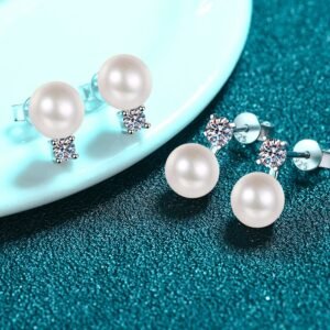 S925 Sterling Silver Earrings for Women, Flawless Freshwater Pearl Moissanite Stud Earrings