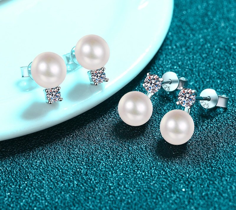 S925 Sterling Silver Earrings for Women, Flawless Freshwater Pearl Moissanite Stud Earrings