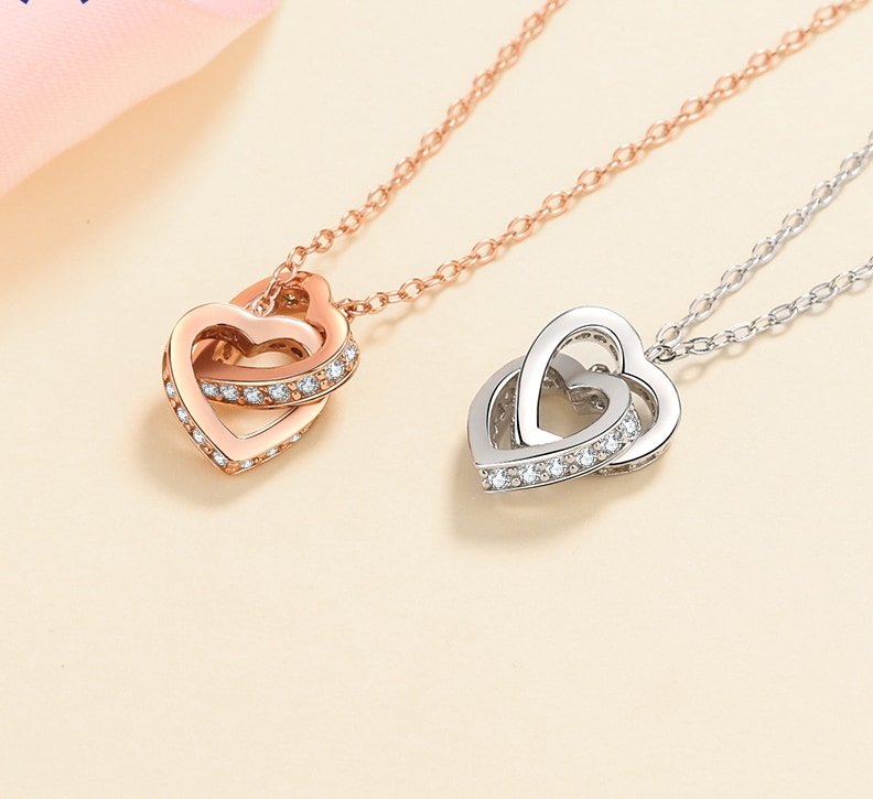 S925 Silver Interlocking Hearts Moissanite Necklace Rose Gold Plated Choker