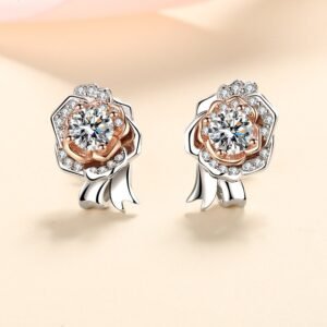 S925 Silver Rose Earrings, Cool Style Moissanite Stud Earrings, Simulated Diamond Earrings