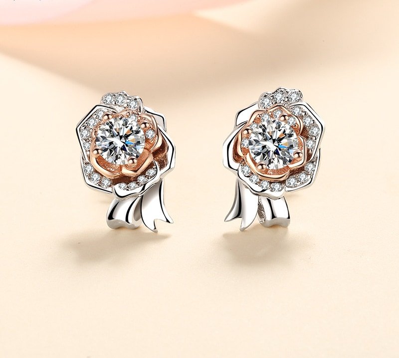 S925 Silver Rose Earrings, Cool Style Moissanite Stud Earrings, Simulated Diamond Earrings