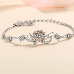 Rose Flower Bracelet for Women, 925 Silver Plated with Moissanite, Two-Tone