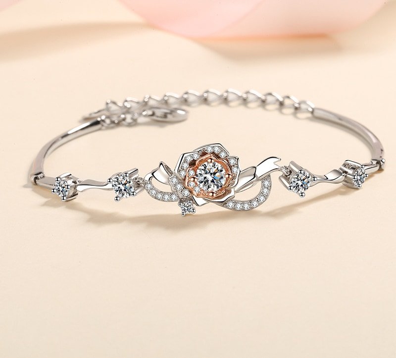 Rose Flower Bracelet for Women, 925 Silver Plated with Moissanite, Two-Tone