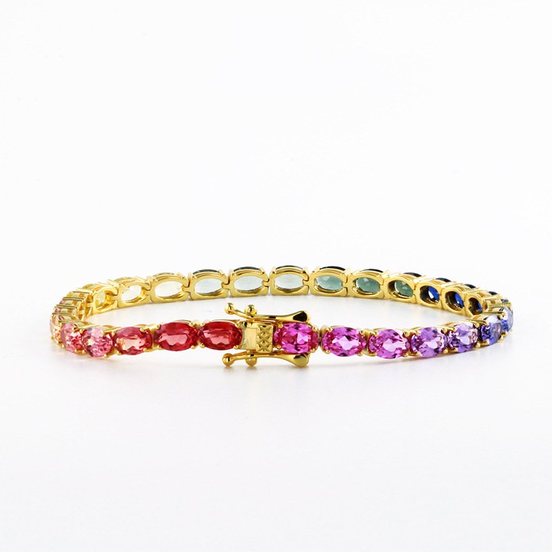 Cultured Pink Sapphire Gradient Rainbow 4x6mm Tennis Bracelet in Sterling Silver