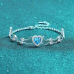 S925 Sterling Silver Handcrafted Moissanite Bracelet with Heart Frame, Blue Color Stone, Sweet and Cute Style
