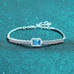S925 Sterling Silver Handcrafted Moissanite Bracelet for Women, Rectangular Bezel-Set Bagette, Blue Color Stone, Light Luxury Style
