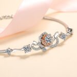 Rose Flower Bracelet for Women, 925 Silver Plated with Moissanite, Two-Tone
