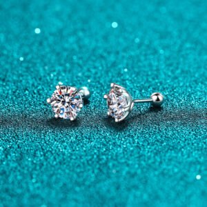 925 Silver Moissanite Stud Earrings for Women, 6-Prong Screw Back, Various Sizes