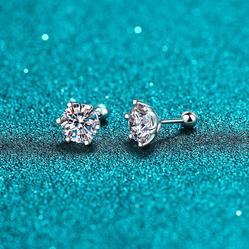 925 Silver Moissanite Stud Earrings for Women, 6-Prong Screw Back, Various Sizes