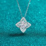 S925 Sterling Silver Pendant Necklace with Blue Moissanite, Four-Leaf Clover Square, Light Luxury, High Quality, Wholesale
