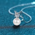 925 Sterling Silver Collarbone Necklace for Women, 8mm Flawless Freshwater Pearl and 0.5ct Moissanite